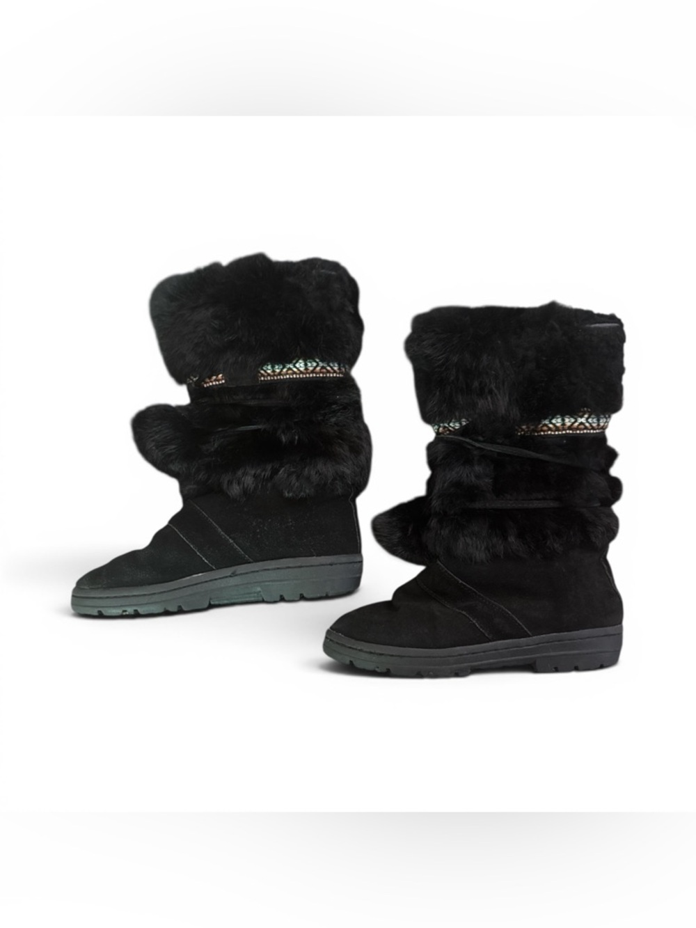 Minnetonka Carson Mukluk black suede & rabbit fur trim winter mukluk Boots 6